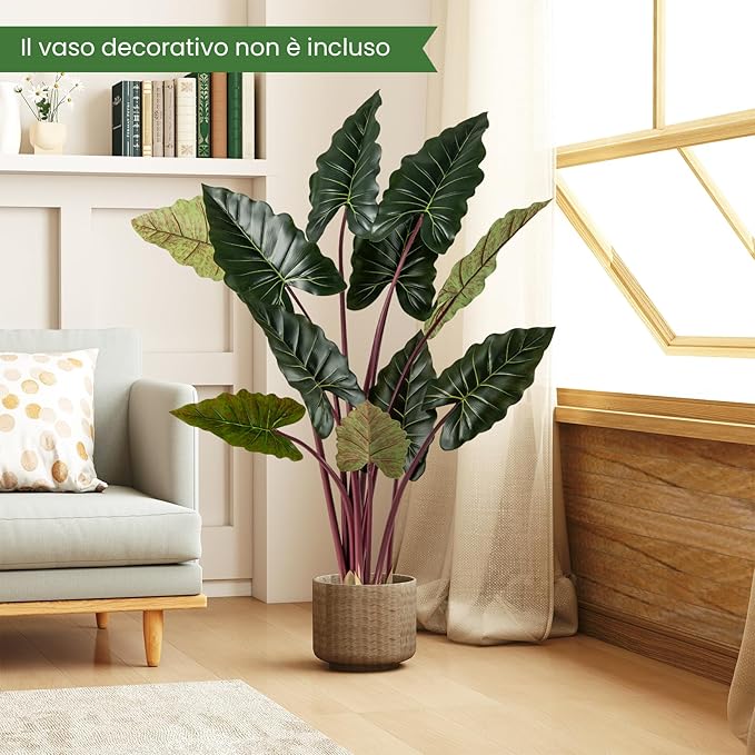 Pianta Artificiale di Taro Arcobaleno 160 cm, Finta Pianta in Vaso Pre-piantato con 11 Foglie Finte, Steli Flessibili, Albero Decorativo Moderno per Ufficio e Casa
