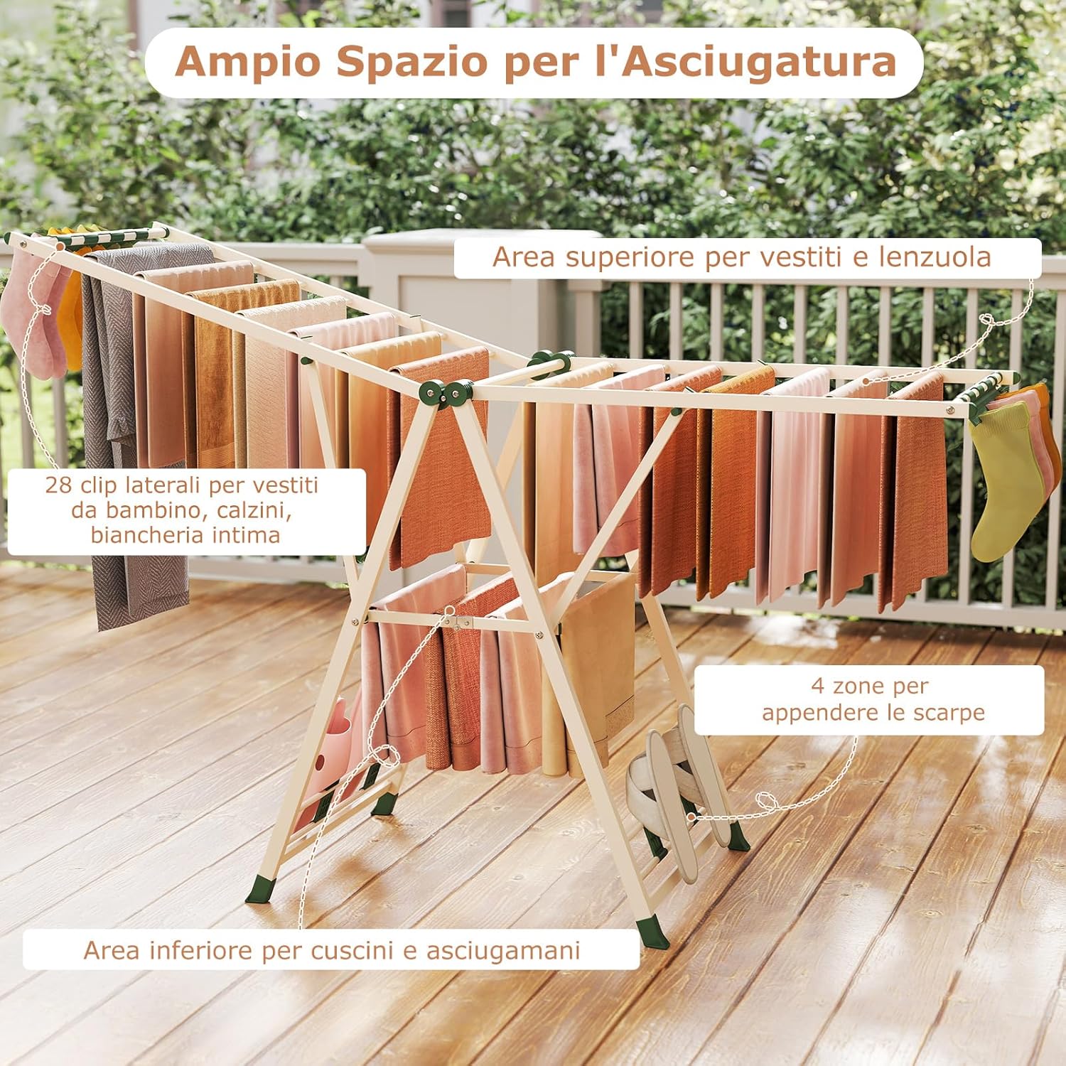 Stendibiancheria con 20 Barre, Stendino Pieghevole in Metallo Regolabili in Altezza, Clips per Calzini, Supporto per Abbigliamento Autoposante a Ali per Interno Esterno (Beige)