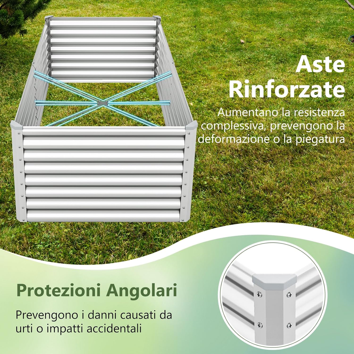 Letto da Giardino Rialzato in Metallo, Orto Rialzato con Design a Fondo Aperto, Protettori d'Angolo Rinforzati, Aiuola Rialzata da Esterno per Verdure, Fiori e Erbe Aromatiche (Argento)