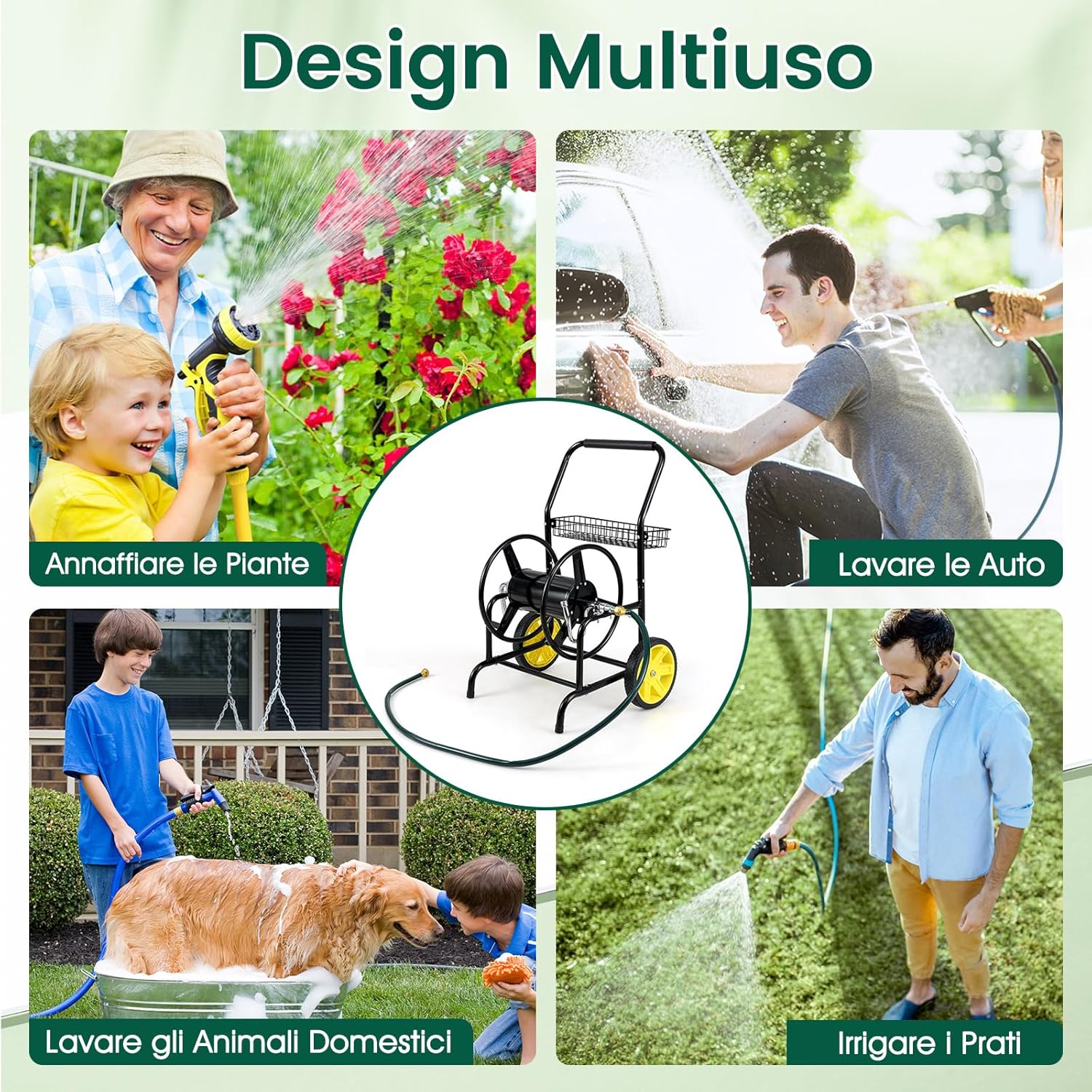 Carrello Avvolgitubo da Giardino, Capacità di 70 m per Tubi da 20 mm, Carrello per Tubo da Esterno in Metallo Robusto con 2 Ruote e Cestino Portaoggetti, per Giardino, Prato e Patio (Nero)