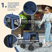 Passeggino per Cani Pieghevole, Carrello a 4 Ruote per Animali Domestici Piccoli e Medi, Trasportino Portatile con Ruote, Lucernario e Tasche, Chiusura Rapida (Blu)