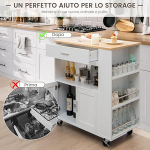 Carrello da Cucina con Ruote, Isola da Cucina con 3 Portaspezie 1 Cassetto Armadietto a 2 Porte, Carrello Portaoggetti con Portasciugamani, 82x46x92 cm (Bianco)