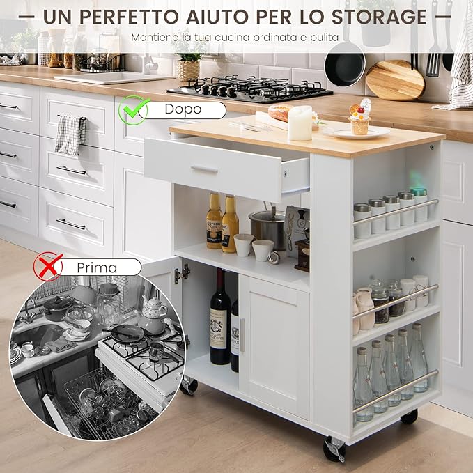 Carrello da Cucina con Ruote, Isola da Cucina con 3 Portaspezie 1 Cassetto Armadietto a 2 Porte, Carrello Portaoggetti con Portasciugamani, 82x46x92 cm (Bianco)