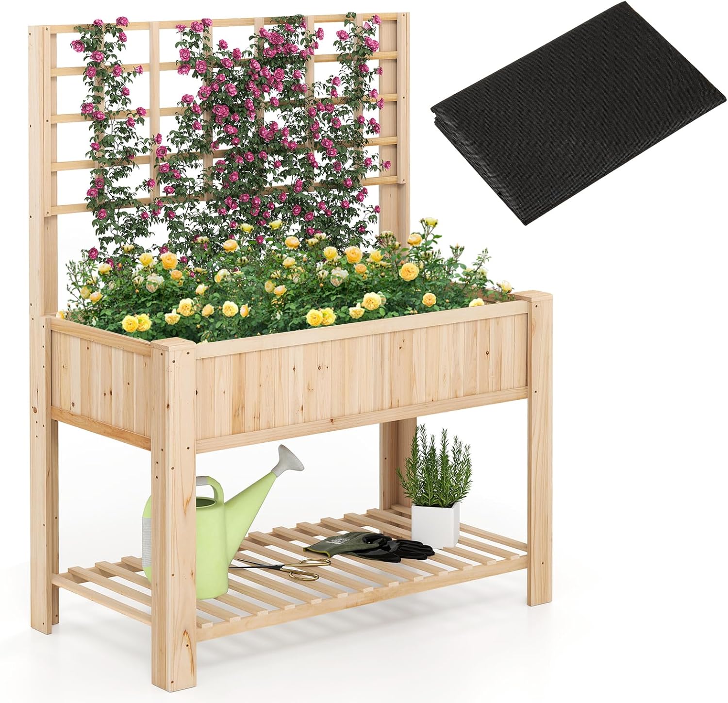 Letto da Giardino Rialzato, Fioriera Elevata con Traliccio, Mensola di Stoccaggio e Fori di Drenaggio, Orto Rialzato per Cortile, Giardino e Patio, 116 x 59 x 150 cm (Naturale)