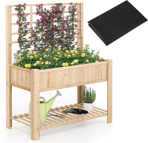 Letto da Giardino Rialzato, Fioriera Elevata con Traliccio, Mensola di Stoccaggio e Fori di Drenaggio, Orto Rialzato per Cortile, Giardino e Patio, 116 x 59 x 150 cm (Naturale)