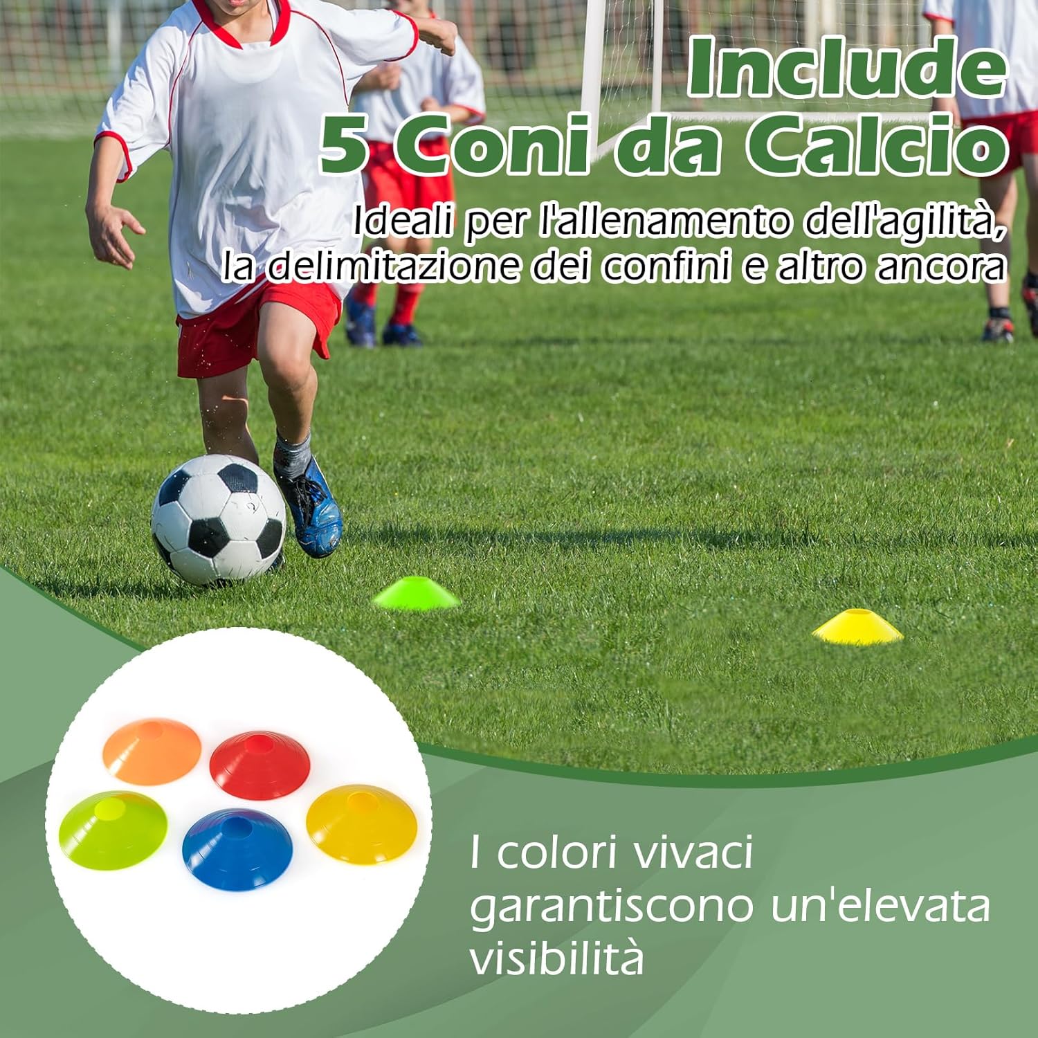 Porto per Calcio per Bambini, Rete da Calcio Resistente alle Intemperie e Telaio in UPVC con Pali di Fissaggio e Coni da Calcio per Allenamenti in Cortile
