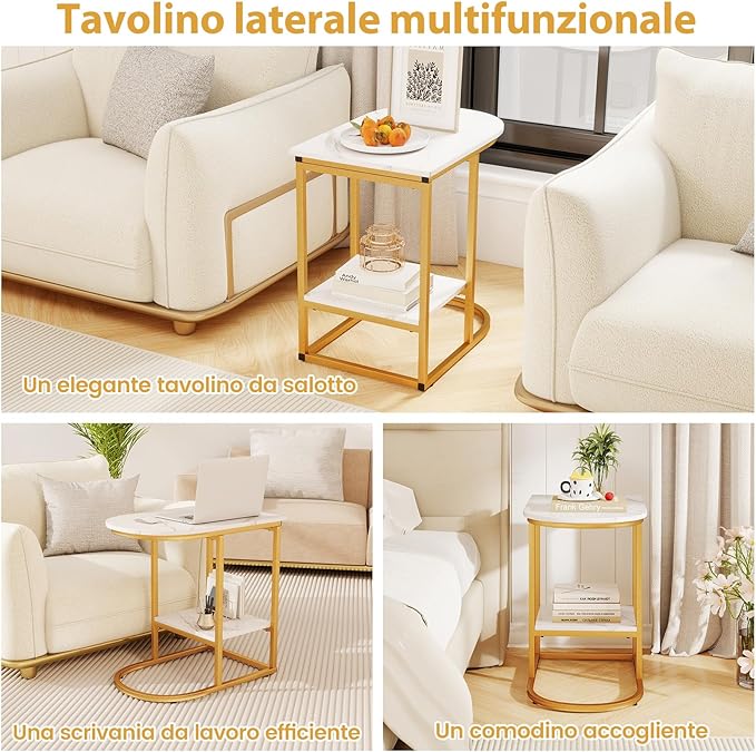 Tavolino a Forma di C, Tavolino Moderno da Divano con Piano in Marmo Finto e Mensola, Tavolo a 2 Livelli con Struttura in Metallo per Soggiorno, Camera da Letto