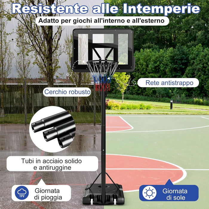 Canestro Basket da Interno ed Esterno per Adulti, Canestro da Basket Professionale e Regolabile in Altezza da 245 a 305 cm con Tabellone da 111cm, Base Riempibile e 2 Ruote