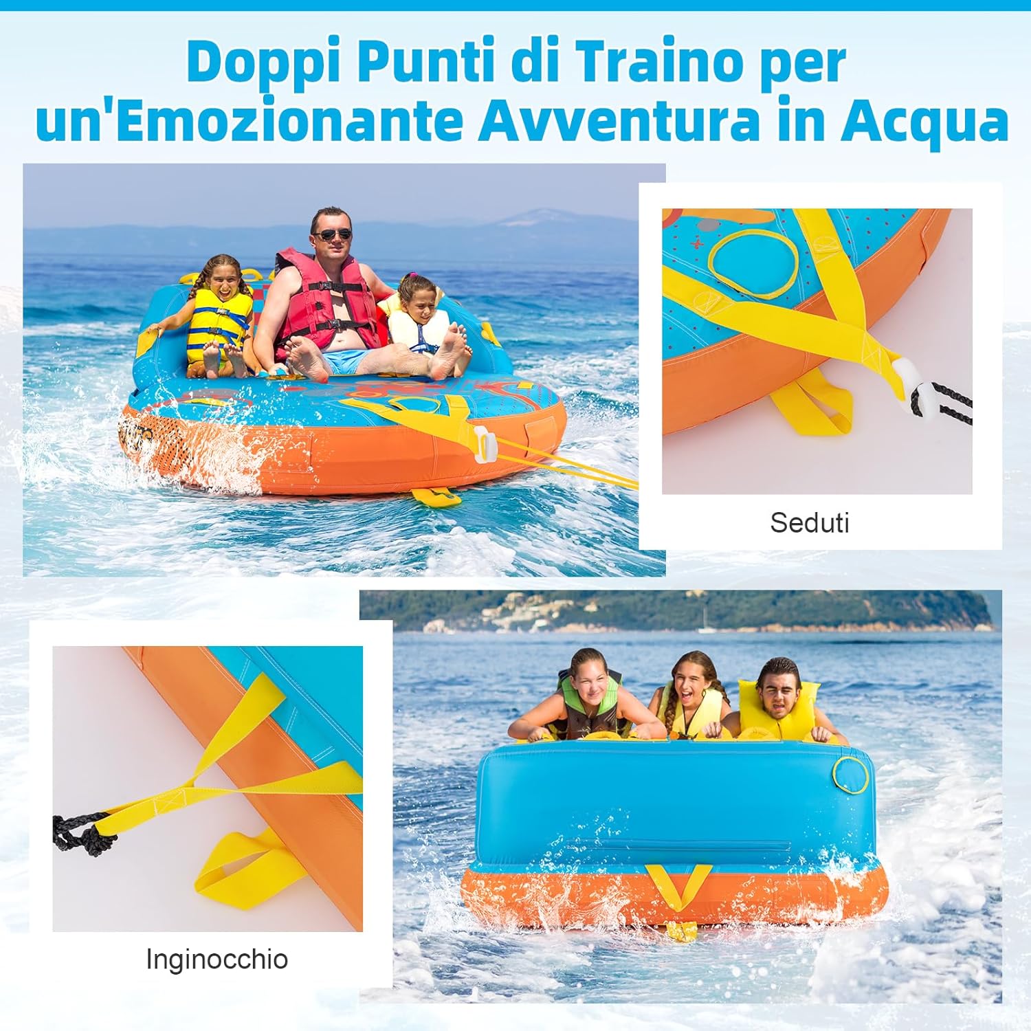 Tube Trainabile per Barche 3 Posti, Trainabili Sportivi per Acqua, Divano Trainabile con Copertura, Punti di Traino Anteriore e Posteriore, Tube Gonfiabile per Trainare Gente sull'Acqua