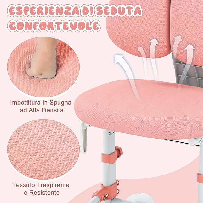 Sedia da Studio per Bambini, Poltrona Ergonomica da Scrivania con Schienale Doppio Regolabile e Poggiapiedi, Sedia Regolabile in Altezza Senza Braccioli per Bambini 3+ Anni (Rosa)