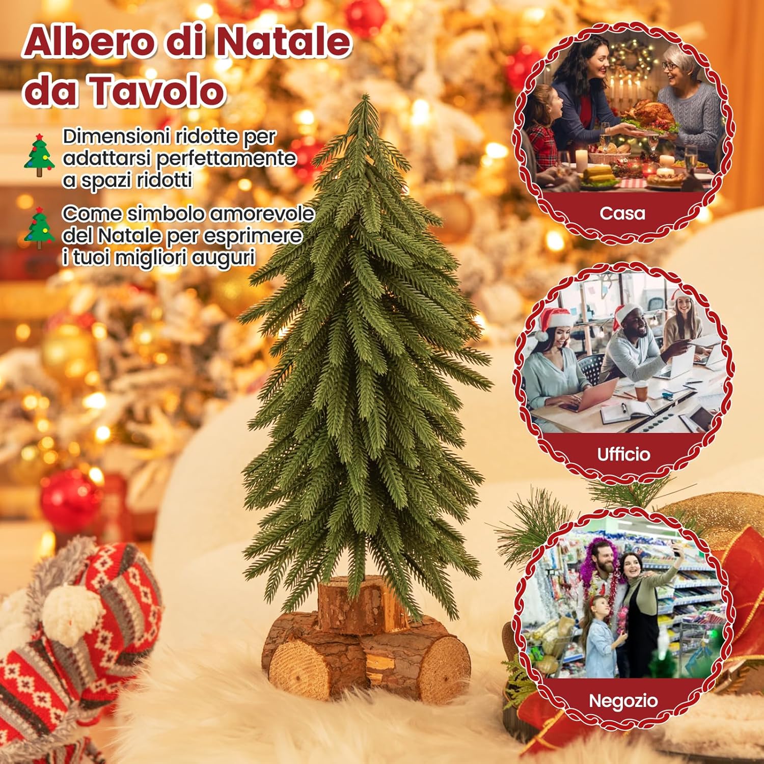 Albero di Natale da Tavolo da 40 cm, Mini Albero di Natale Artificiale con 200 Punte e Base in Legno Massello, Mini Albero di Natale da Tavolo per Casa, Ufficio e Negozio