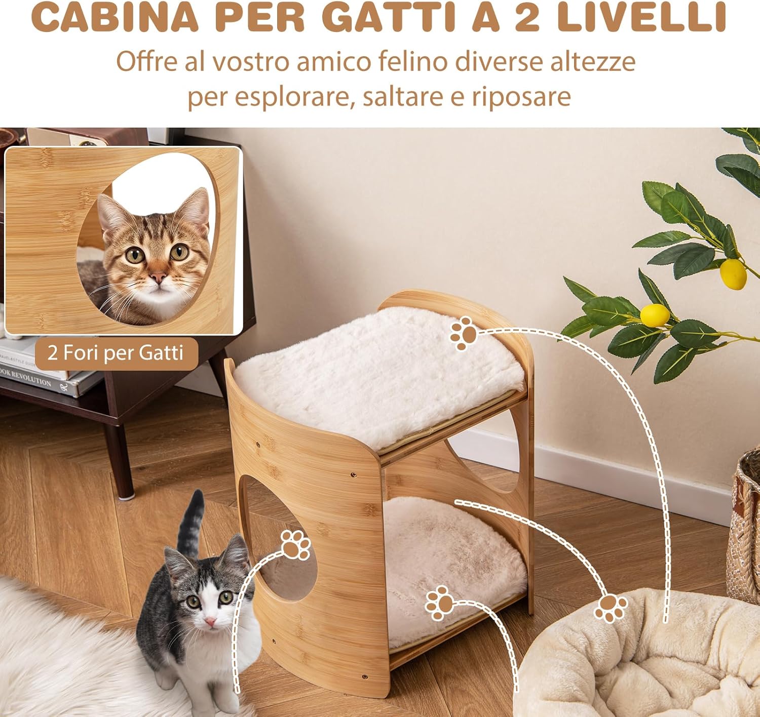 Letto Rialzato per Gatti, Cuccia per Gatti a 2 Livelli da Interno con Struttura in Bambù Naturale, Tappetini Morbidi Rimovibili e Lavabili, Lettino per Cuccioli e Gatti
