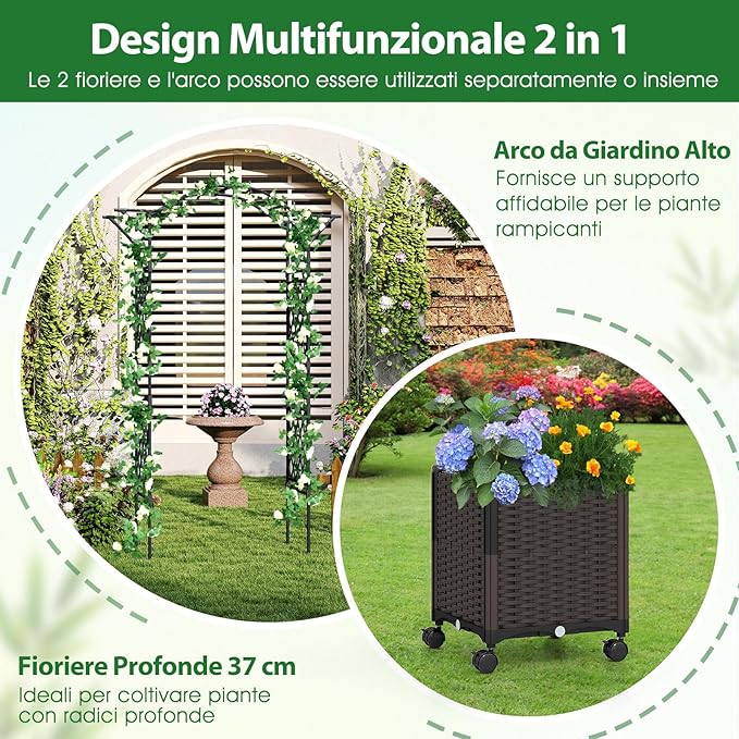 Arco da Giardino con 2 Fioriere Auto-irriganti e Ruote, Supporto per Piante in Metallo Rivestita PE Antiruggine, Grande Arco per Viti e Rose da Matrimonio all'Aperto (Nero)