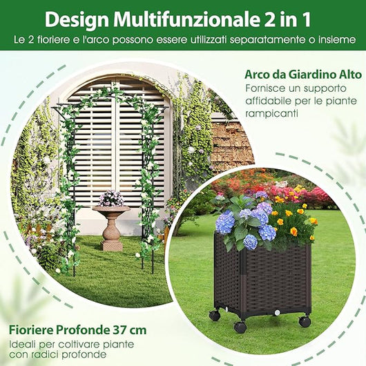 Arco da Giardino con 2 Fioriere Auto-irriganti e Ruote, Supporto per Piante in Metallo Rivestita PE Antiruggine, Grande Arco per Viti e Rose da Matrimonio all'Aperto (Nero)