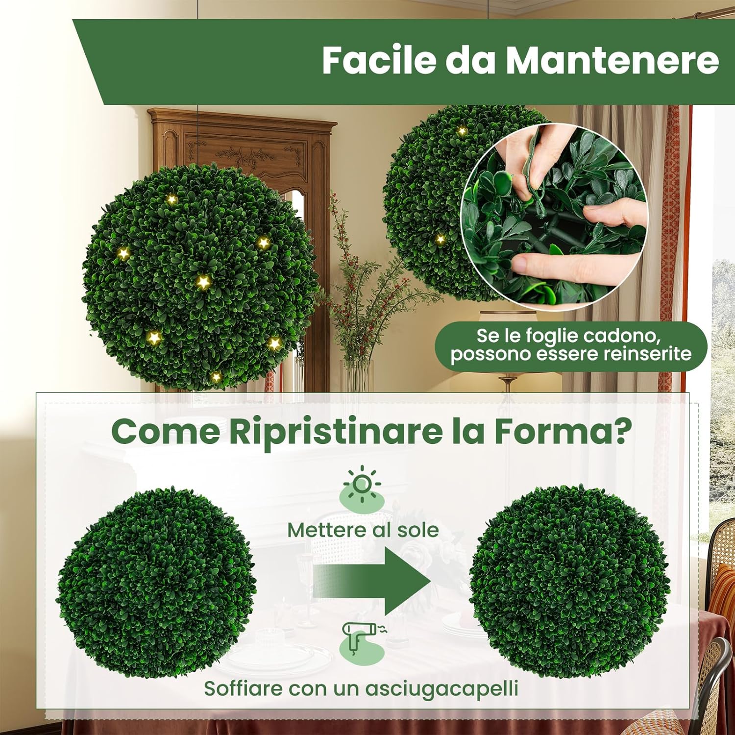 Set di 2 Sfere Topiarie Artificiali da 52 Cm, Piante Finte Sferiche con 20 Fascette, Protette dal Sole, Decorazione da Esterno e Interno per Cortile, Portico, Casa e Festa