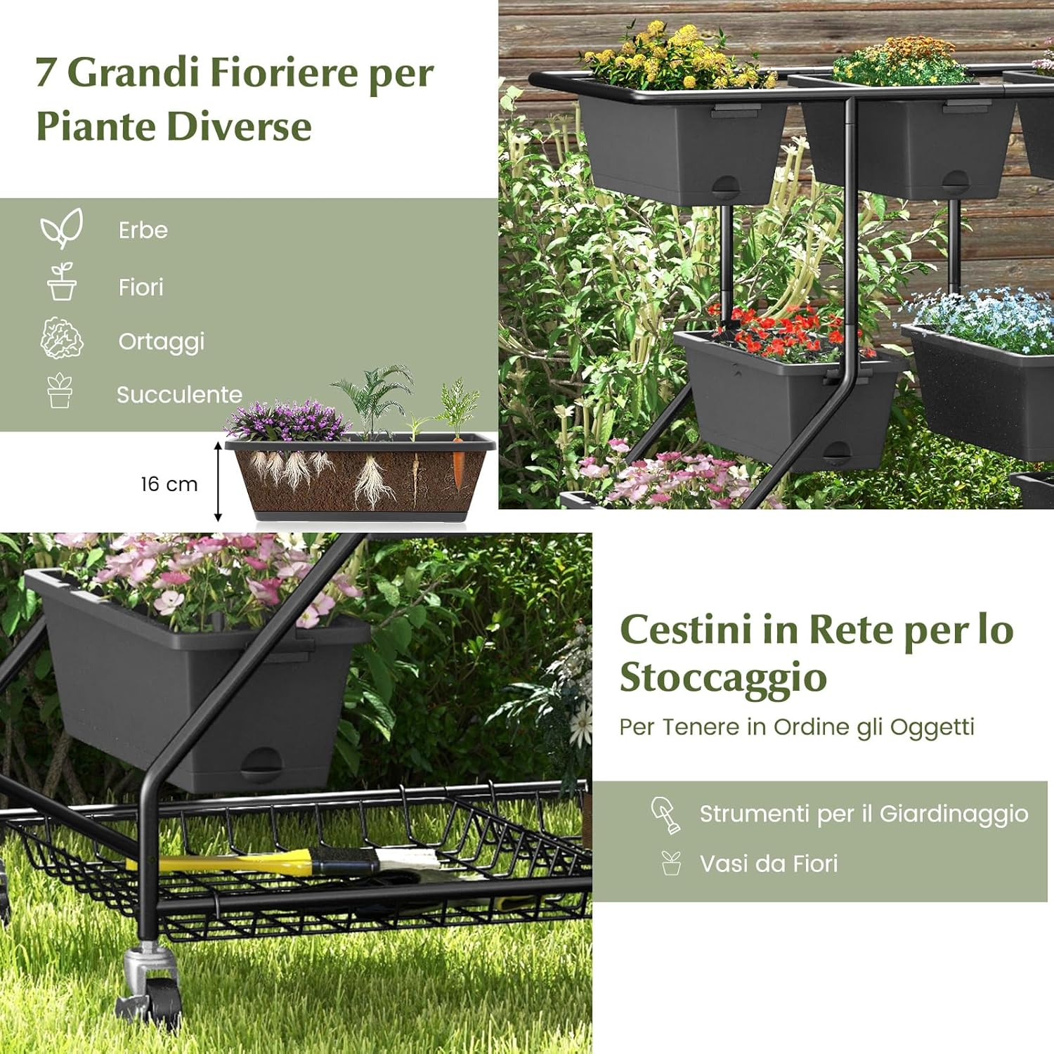 Letto da Giardino Verticale Sollevato con 7 Vasi, Cestini di Stoccaggio, Fori di Drenaggio e 4 Ruote Bloccabili, Scaffale Portafiori da Esterno ed Interno, Piantatore Elevato a 3 Livelli per O
