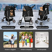 Passeggino per Cani Pieghevole, Carrozzina per Cani a 4 Ruote con Finestra a Rete Porta Bicchiere e Cesto, Passeggino Portatile per Animali Piccola e Media (Nero)