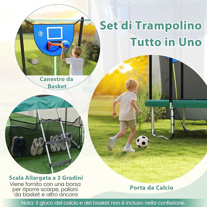 Trampolino da Esterno per Bambini e Adulti 317 x 255 cm, Tappeto Elastico Rettangolare con Canestro da Basket, Porta da Calcio, Scala Antiscivolo, Rete e Telaio in Acciaio, Portata 500 kg