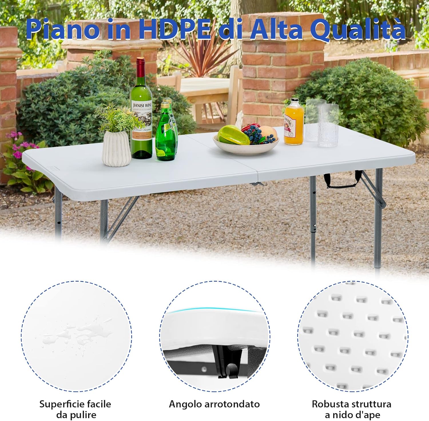 Tavolo Pieghevole, Tavolo da Picnic Portatile con Altezza Regolabile a 3 Livelli e Maniglia, Utilizzabile all’Interno ed all’Esterno, Ideale per Campeggio, Matrimonio e Festa