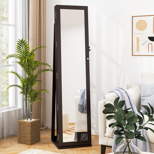 Specchio Portagioie da Terra, Armadietto Portagioie con Specchio a Figura Intera e Specchio Interno, con Serratura, per Collane Orecchini Anelli Cosmetici, 38 x 38 x 157,5 cm (Caffè Scuro)