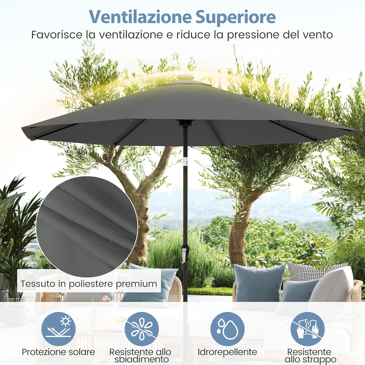 Ombrellone da Esterno 288 cm, con 96 Luci LED, Ombrellone Giardino con Inclinazione Regolabile, Manovella, 8 Stecche e Top Ventilato, Parasole da Mercato per Giardino Spiaggia (Grigio)