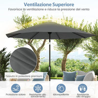 Ombrellone da Esterno 288 cm, con 96 Luci LED, Ombrellone Giardino con Inclinazione Regolabile, Manovella, 8 Stecche e Top Ventilato, Parasole da Mercato per Giardino Spiaggia (Grigio)
