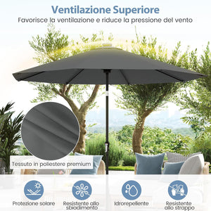 Ombrellone da Esterno 288 cm, con 96 Luci LED, Ombrellone Giardino con Inclinazione Regolabile, Manovella, 8 Stecche e Top Ventilato, Parasole da Mercato per Giardino Spiaggia (Grigio)
