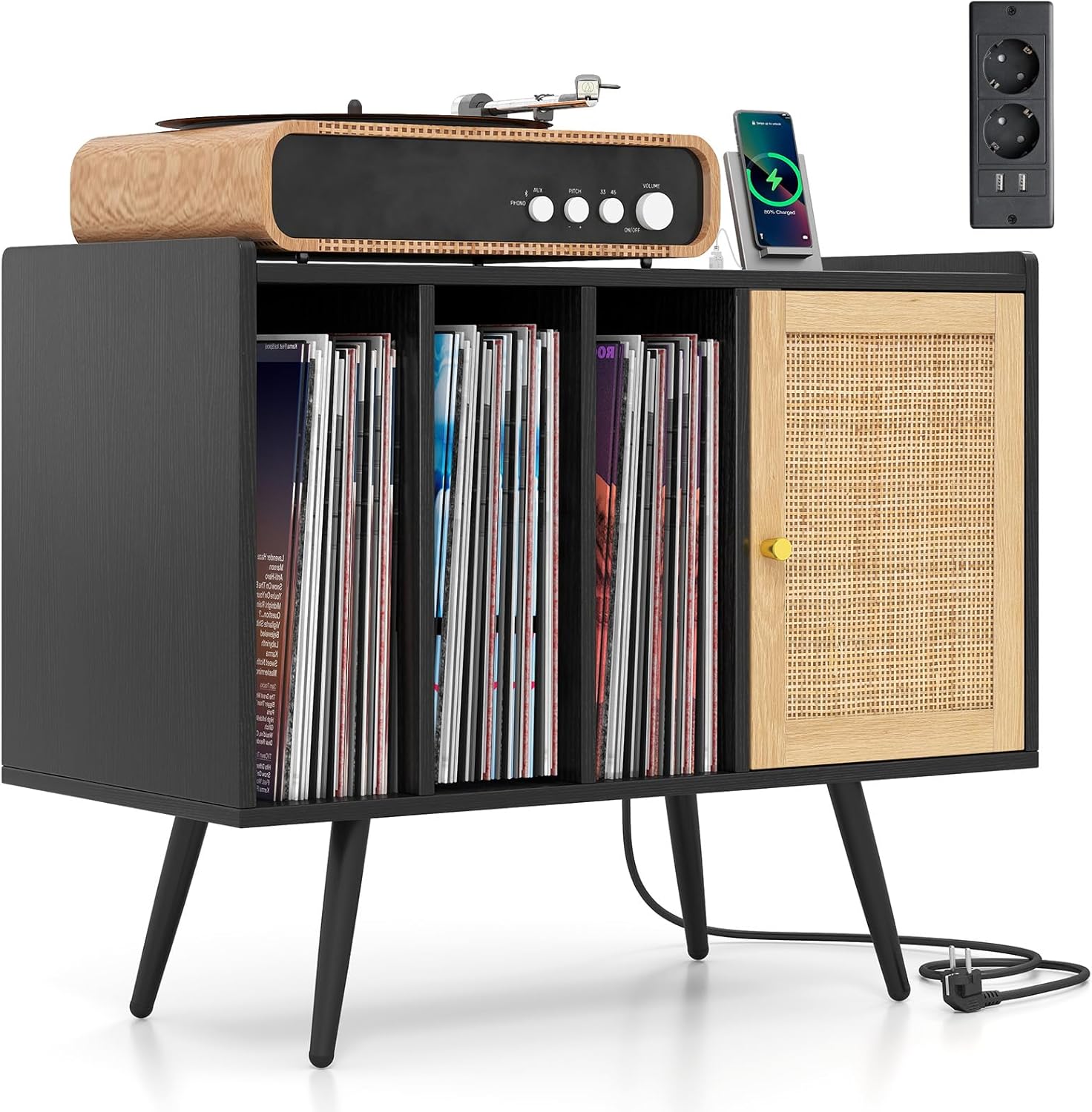 Supporto per Giradischi con Stazione di Ricarica, Credenza per Giradischi con Armadietto di Rattan, Mensole Regolabile, per 220 Album, Mobile Cucina Salvaspazio per Vinile (Nero)