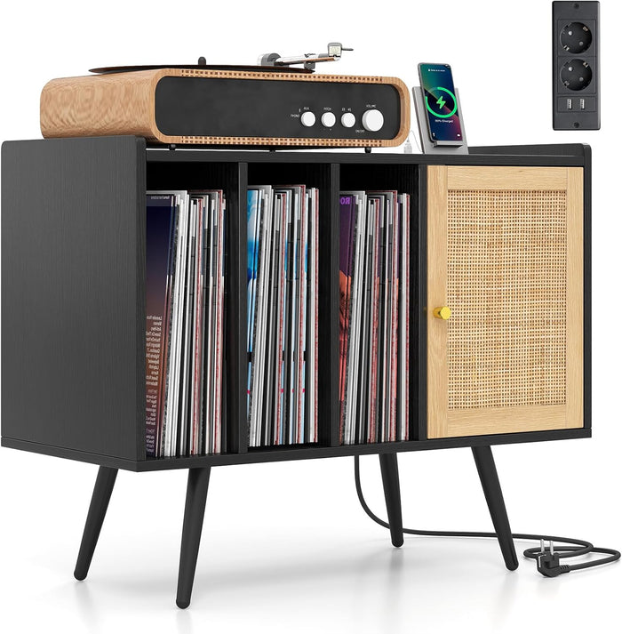 Supporto per Giradischi con Stazione di Ricarica, Credenza per Giradischi con Armadietto di Rattan, Mensole Regolabile, per 220 Album, Mobile Cucina Salvaspazio per Vinile (Nero)