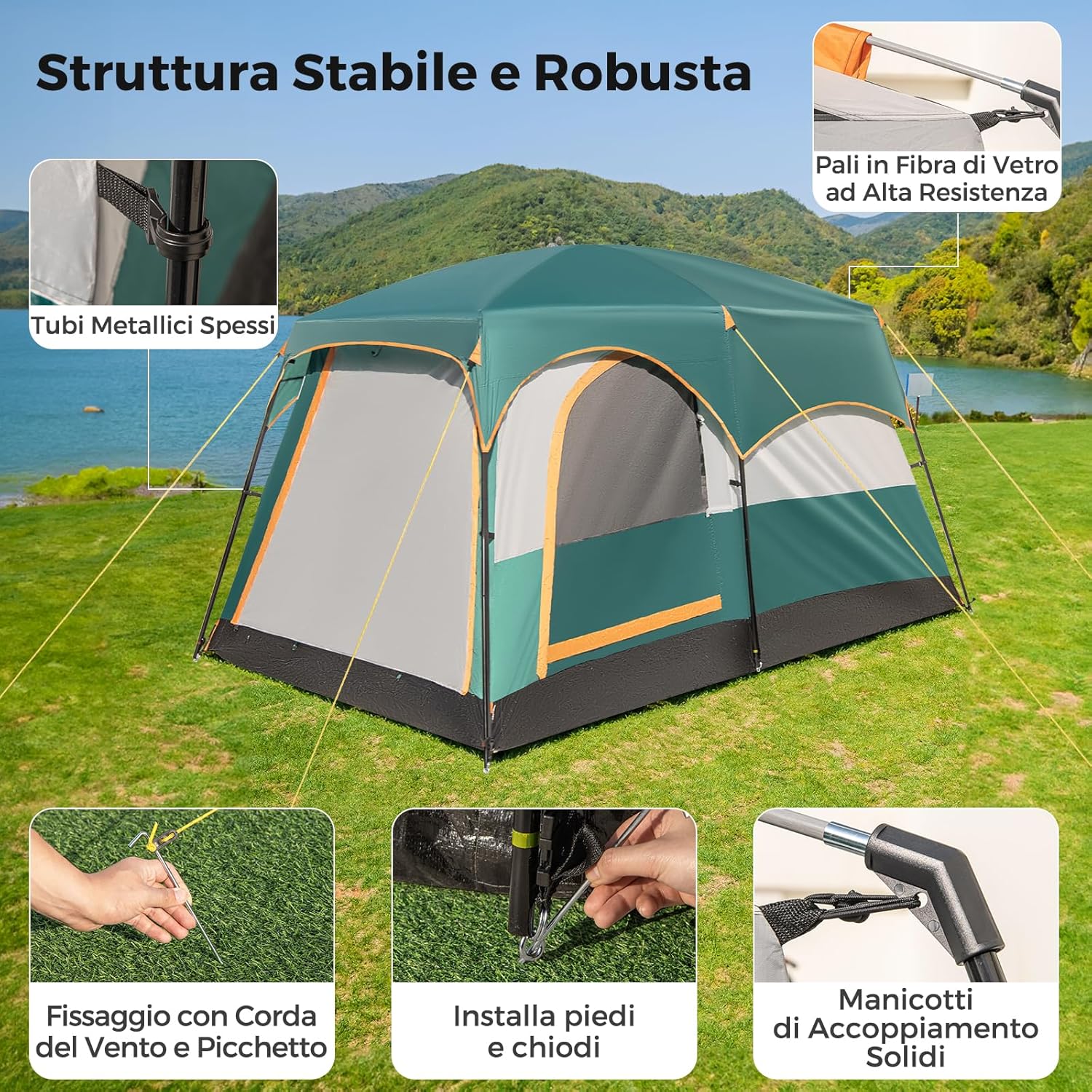 Tenda da Campeggio con Divisorio, Tenda a Doppio Strato con Telo Antipioggia, Telo in PE, Finestre a Rete, Impermeabile e Antivento, con Borsa