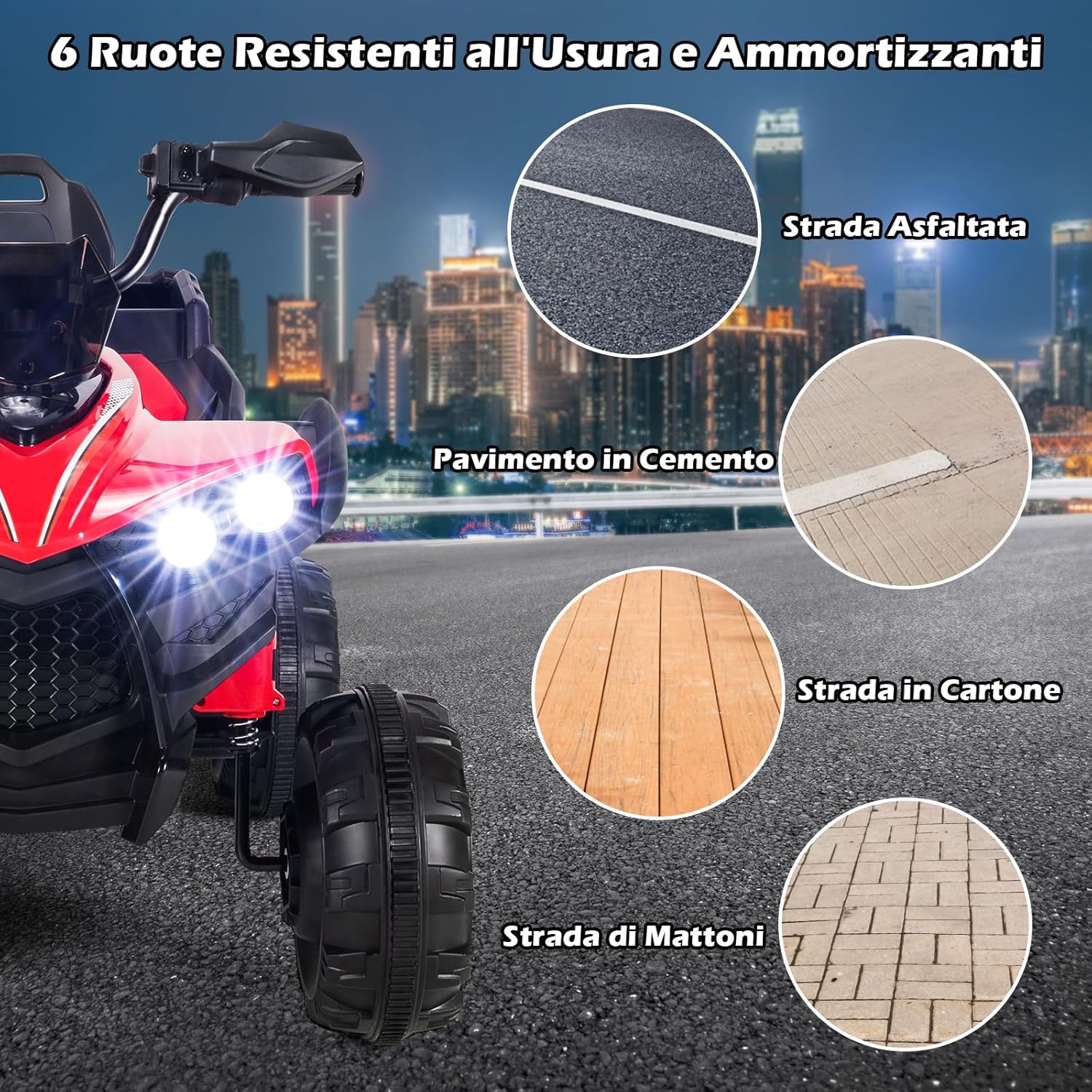 12V Quad Elettrico per Bambini, Macchina Elettrica per Bambini con 6 Ruote 4 Motori Baule Posteriore Luci LED e Musica, Trazione Integrale, 3-6 km/h, 3 Anni+ (Rosso)