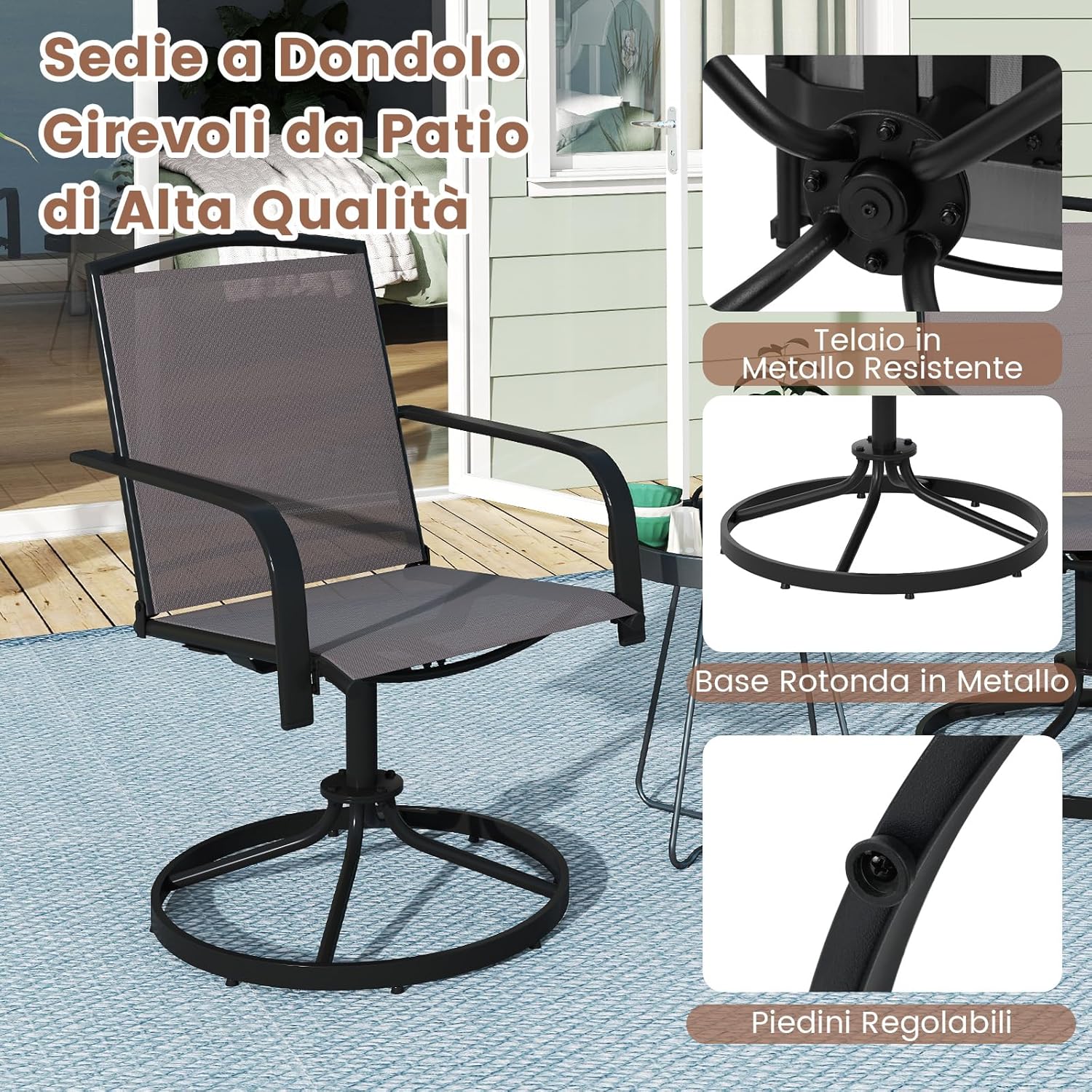 Set di 2 Sedie da Patio Girevoli, Poltrone a Dondolo in Rete a 360° con Schienale Alto e Base Rotonda in Metallo, Sedia a Dondolo Robuste per Giardino Balcone, Portata 150 kg (Grigio)