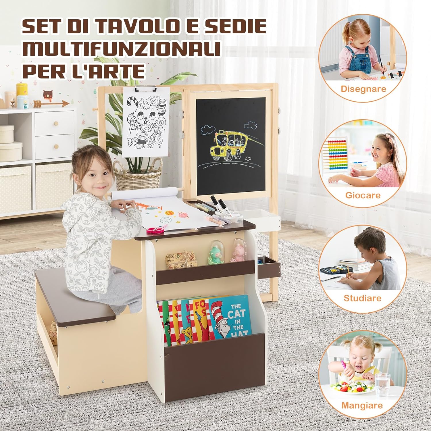 Set 3 in 1 Tavolo e Sedie per Bambini 3+ Anni, Tavolo in Legno Sicuro con Lavagna Cancellabile, Magnetica, Cavalletto Regolabile, Libreria e Accessori Artistici, per Disegno (Caffè)