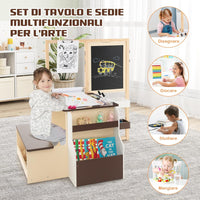 Set 3 in 1 Tavolo e Sedie per Bambini 3+ Anni, Tavolo in Legno Sicuro con Lavagna Cancellabile, Magnetica, Cavalletto Regolabile, Libreria e Accessori Artistici, per Disegno (Caffè)