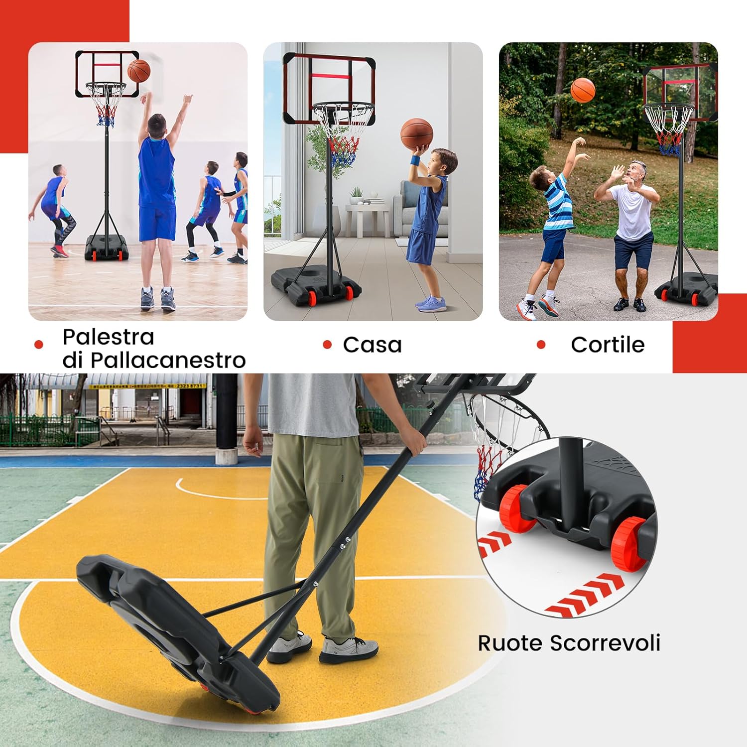 Canestro da Basket Regolabile in Altezza 193-248 CM, Canestro da Basket da Esterno ed Interno con Ruote e Supporto per Pallone, Canestro da Basket per Parco, Casa e Giardino