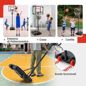 Canestro da Basket Regolabile in Altezza 193-248 CM, Canestro da Basket da Esterno ed Interno con Ruote e Supporto per Pallone, Canestro da Basket per Parco, Casa e Giardino