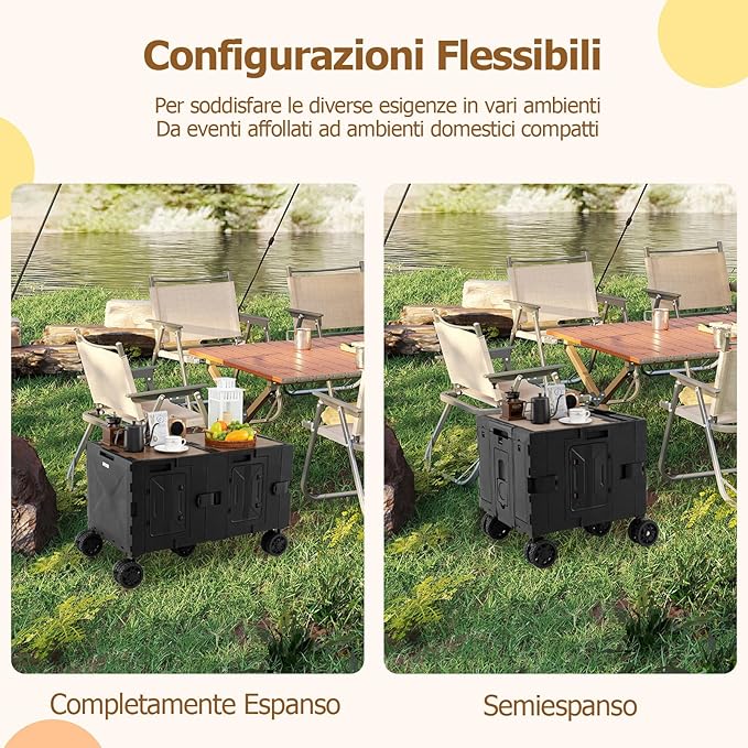 Carrello da Spiaggia Pieghevole 150 L, Carrello con Ruote Portatutto con Armadio a 2 Livelli e Manico Telescopico in Metallo, Carretto Giardino Portatile per Campeggio, Portata 120 kg (Nero)