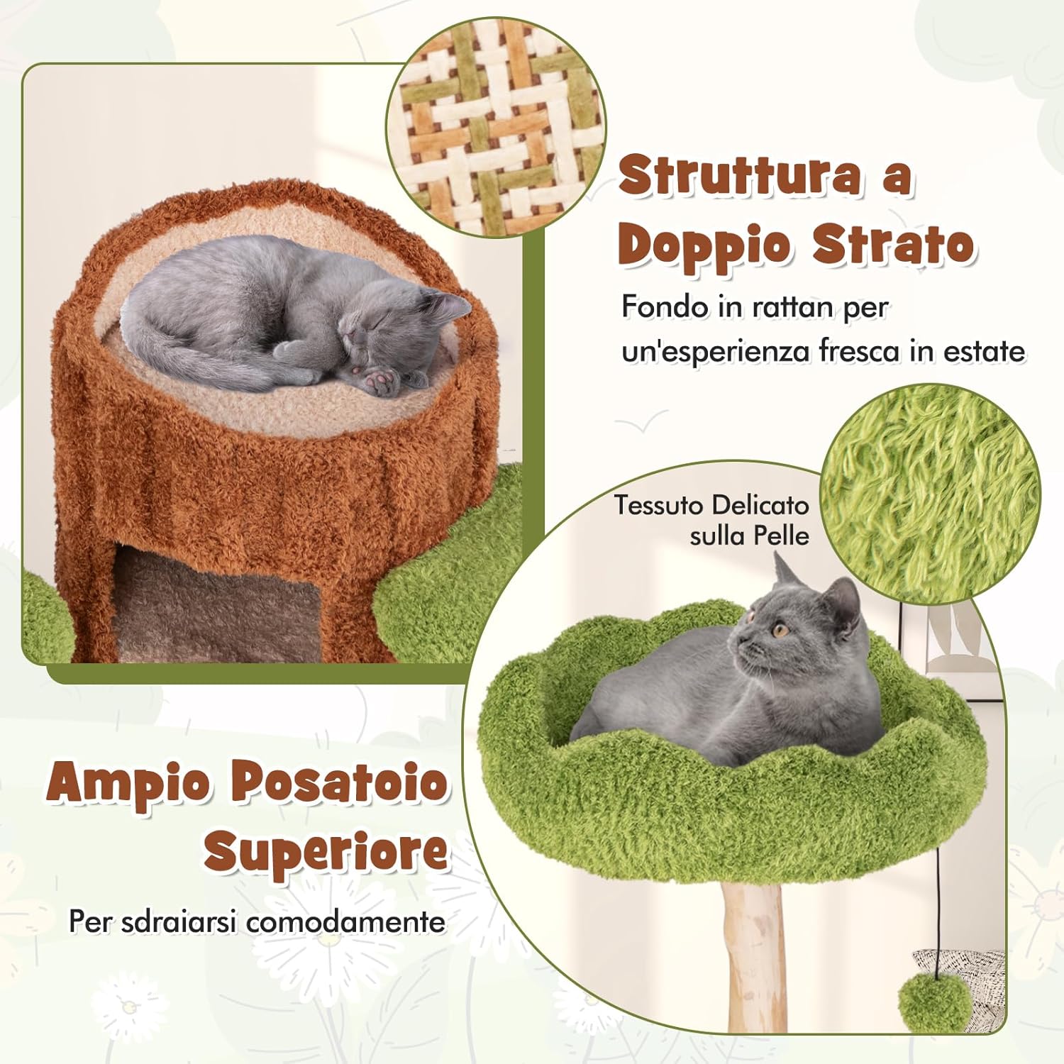 Tiragraffi a Forma di Albero per Gatti 141cm, Albero per Animali Domestici con 2 Piani, Pali per Graffiare, Pannello in Sisal, Trespolo Superiore e Piattaforma Rotonda, Torre Moderno Interno