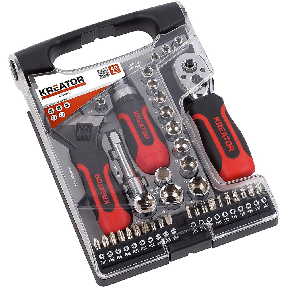 SET 40PZ BUSSOLE INSERTI 1/4" - 3/8" + CHIAVE A RULLINO CRICCHETTO CACCIAVITE KREATOR KRT500116