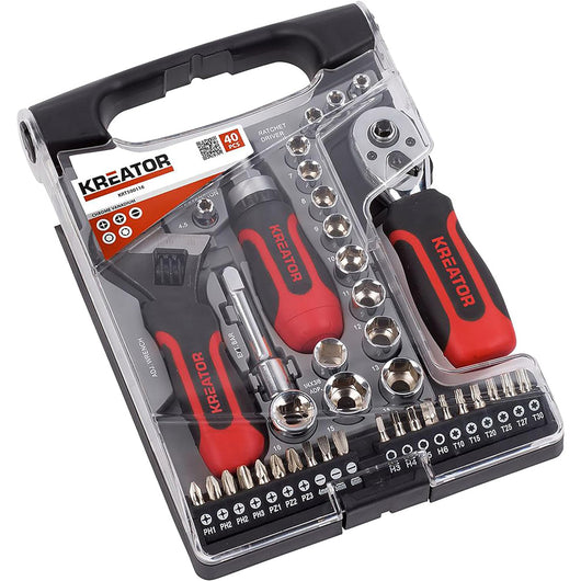 SET 40PZ BUSSOLE INSERTI 1/4" - 3/8" + CHIAVE A RULLINO CRICCHETTO CACCIAVITE KREATOR KRT500116