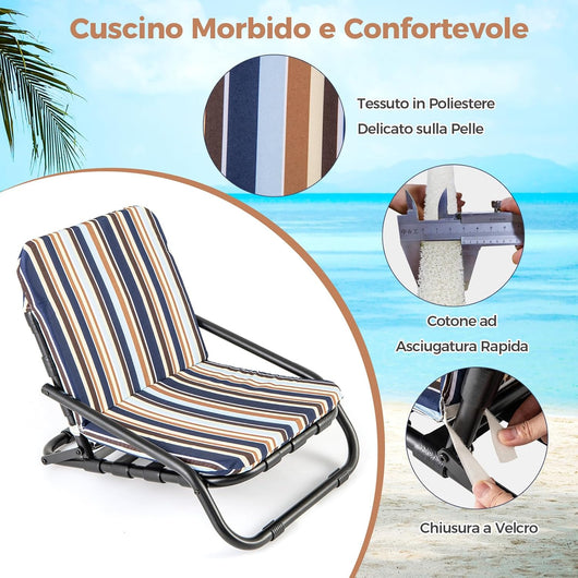 Set di 2 Sedie da Spiaggia, Sedia da Spiaggia Pieghevole con Cuscino, Sedie a Sdraio Basse Portatile, con Struttura in Metallo, Portata 135 kg, 67 x 50 x 46 cm