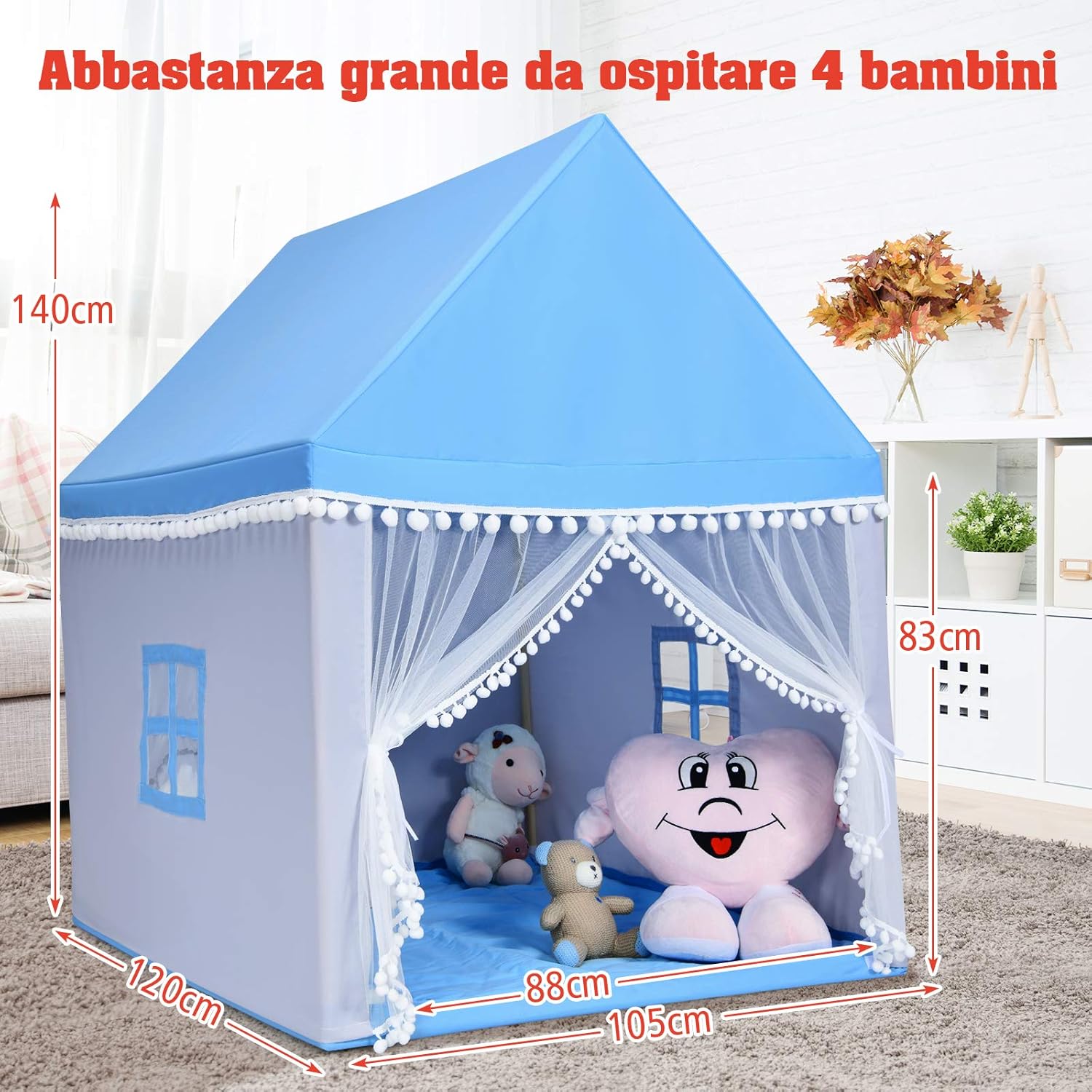 Tenda da Gioco Casetta per Bambini, Castello Giocattolo in Legno Cotone, con Struttura Stabile e Finestre Traspirabili, 105x120x140 cm (Azzurro)
