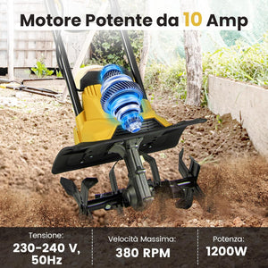 Motozappa Elettrica a Filo, Zappatrice da Giardino con Manico Ergonomico e Motore Forte, Motocoltivatore Pieghevole per Scavare Terreno del Prato (36,5 x 24 x 138 cm,Giallo)