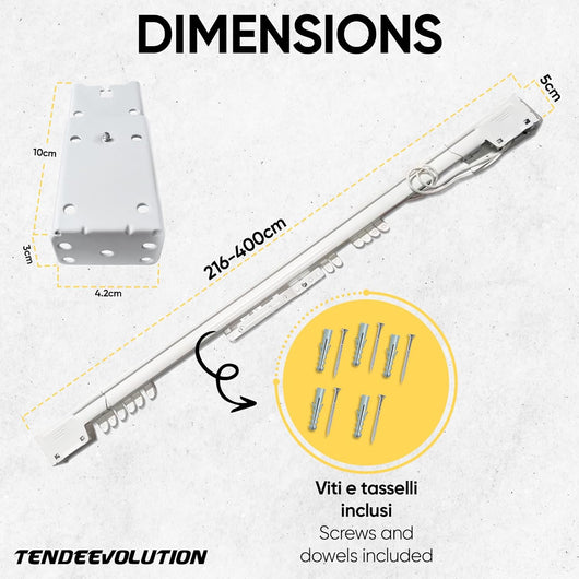Bastone Binario Riloga Zineffa Scorritenda Estensibile in alluminio laccato bianco alta qualità, estesensibile da 216 a 400 cm