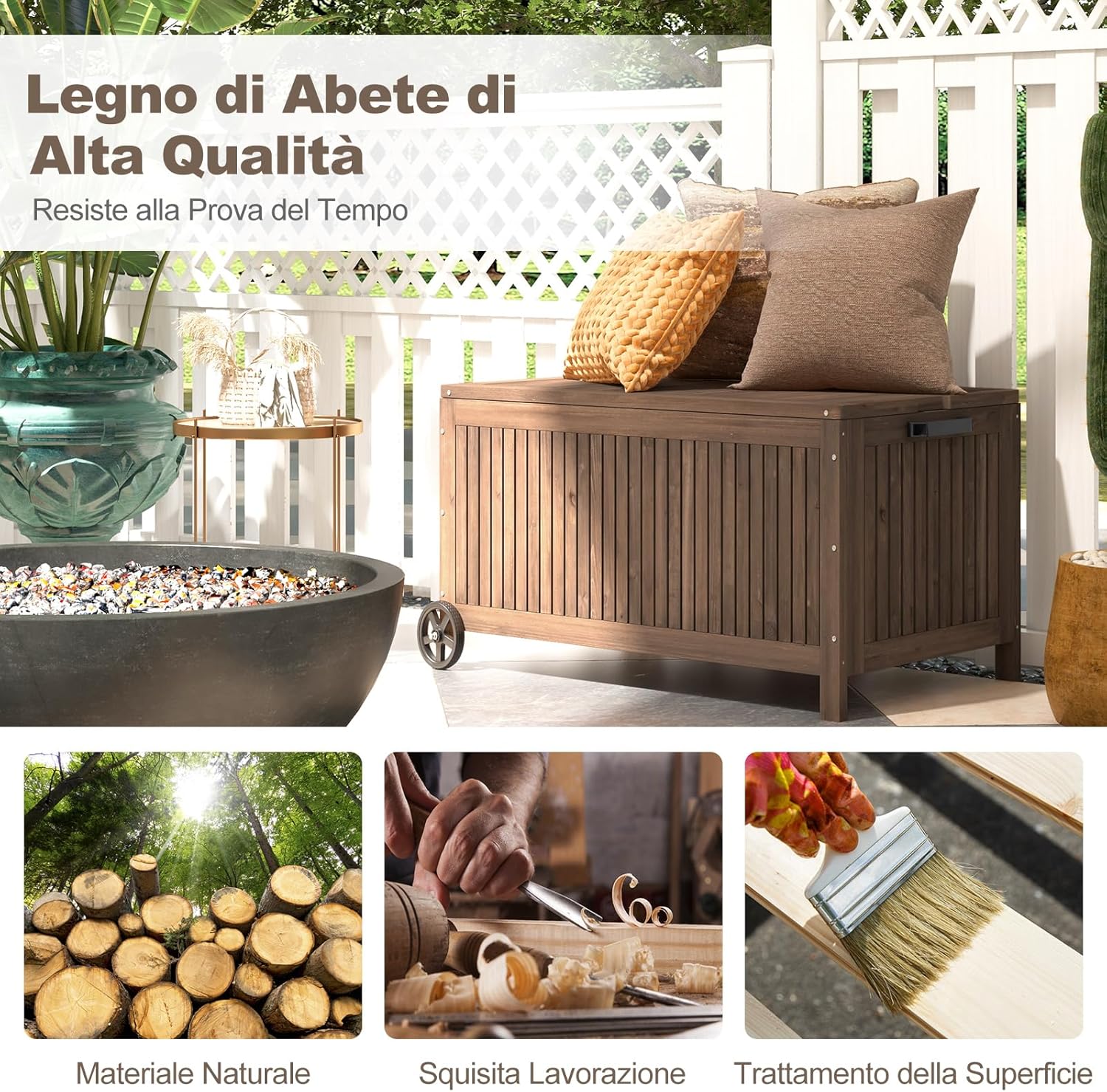Baule da Giardino in Legno 213 L, Baule da Esterno con Ruote e Maniglie, Interna Resistente all'Acqua, Contenitore Salvaspazio da esterno armadio, 114 x 58,5 x 51 cm
