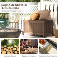 Baule da Giardino in Legno 213 L, Baule da Esterno con Ruote e Maniglie, Interna Resistente all'Acqua, Contenitore Salvaspazio da esterno armadio, 114 x 58,5 x 51 cm