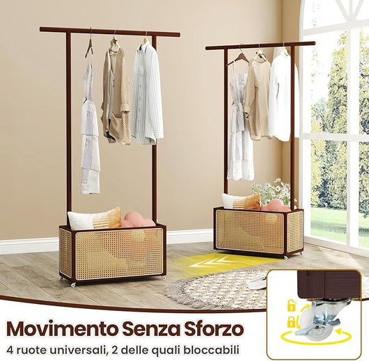 2 in 1 Porta Abiti in Bambù, Appendiabiti con Cesto di Stoccaggio in Rattan, Stand AppendiAbiti con Ruote per Ingresso Soggiorno Camera da Letto