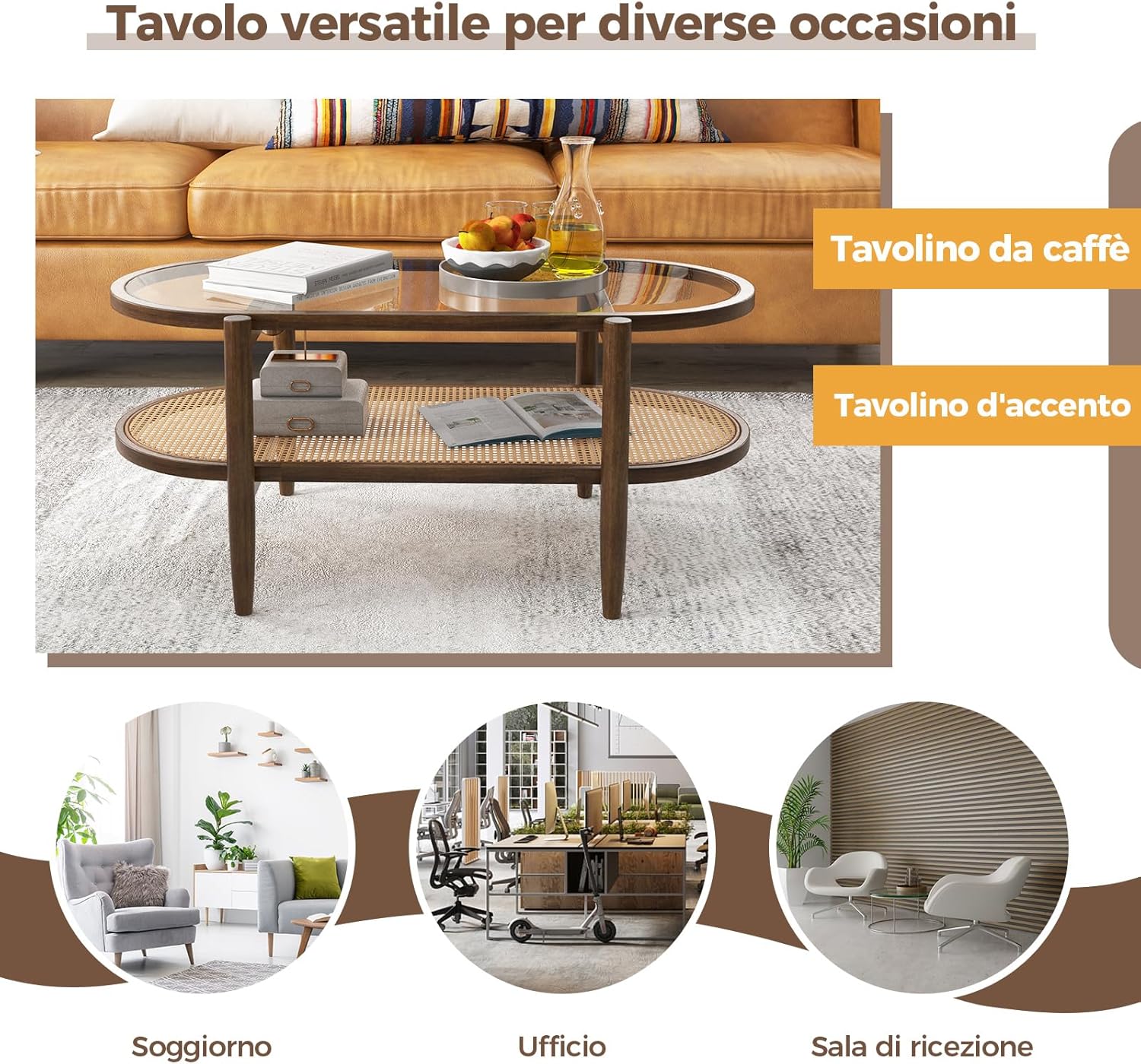 Tavolino da Caffè a 2 Piani con Spazio di Archiviazione, Tavolo Centrale in Rattan PE con Piano in Vetro Temperato, Tavolo da Salotto per Casa, Sala d'Attesa e Ufficio