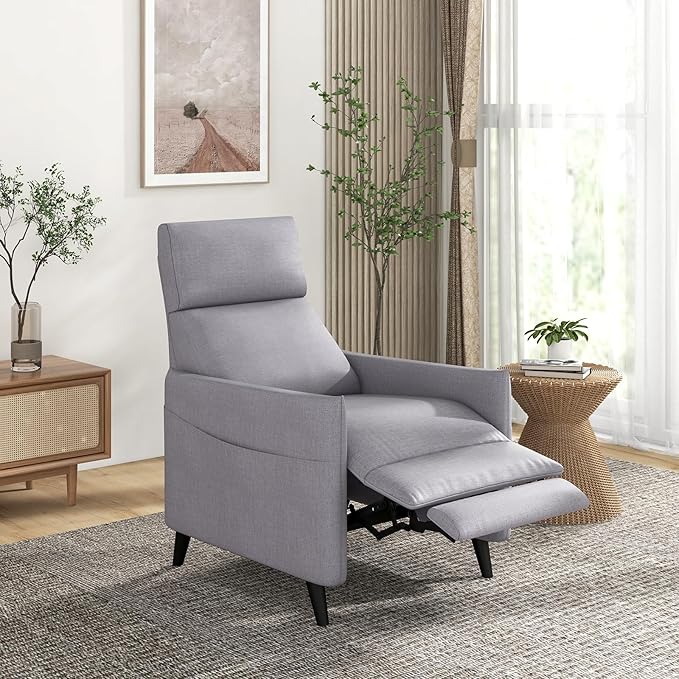 Poltrona Reclinabile, Poltrona in Tessuto di Lino con Schienale e Poggiapiedi Regolabili, Sedile Morbido Imbottito, 2 Tasche, per Soggiorno Camera da Letto, Carico 120 kg (Grigio chiaro)