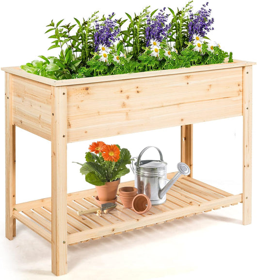 Fioriera di Legno da Giardino, Vaso Rialzato con Ripiano, Porta Piante per Giardino, Ideale per Piante Verdure e Fiori (92 x 41 x 81 cm)
